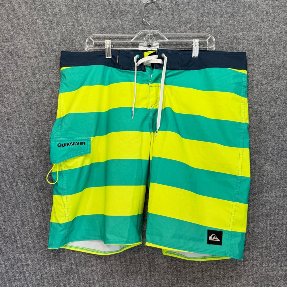 Quiksilver Board Shorts Men 38 Green Yellow Stripe Cargo Pocket Surf Swim Trunks